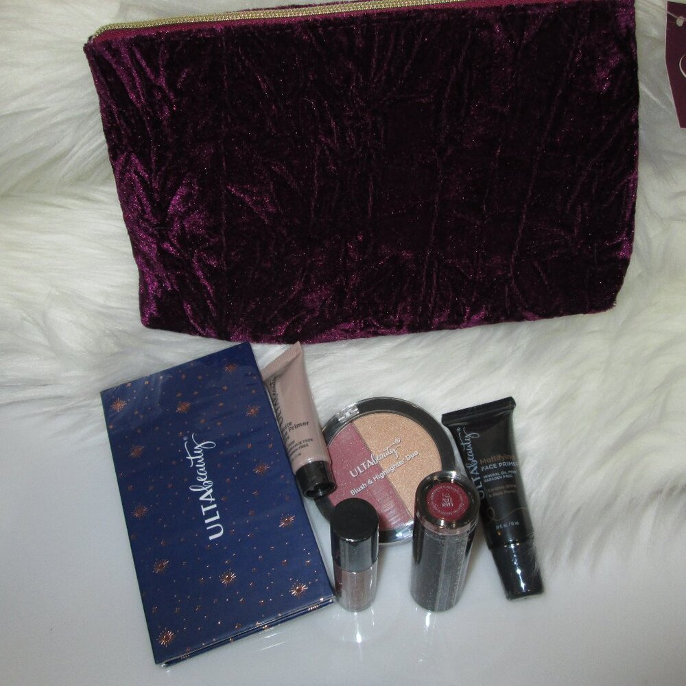 Ulta Beauty Purple velvet small make-up zipper bag w/ 7 make up product's